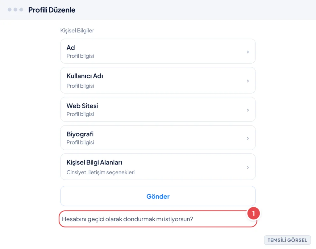 Temsili görsel: Instagram web sürümünde Profili Düzenle sayfasının alt kısmına kaydırılmış hâli; sayfada Ad, Kullanıcı Adı, Web Sitesi, Biyografi gibi bilgi satırları, bir Gönder düğmesi ve en altta h
