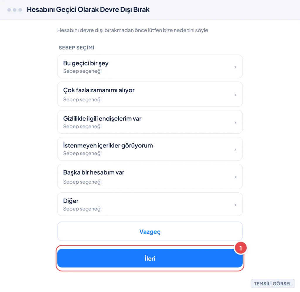 Temsili görsel: Instagram web ekranında hesabı devre dışı bırakma sebebini seçme ekranı; açılır liste halinde sebep seçenekleri (Bu geçici bir şey, Çok fazla zamanımı alıyor, Gizlilikle ilgili endişel