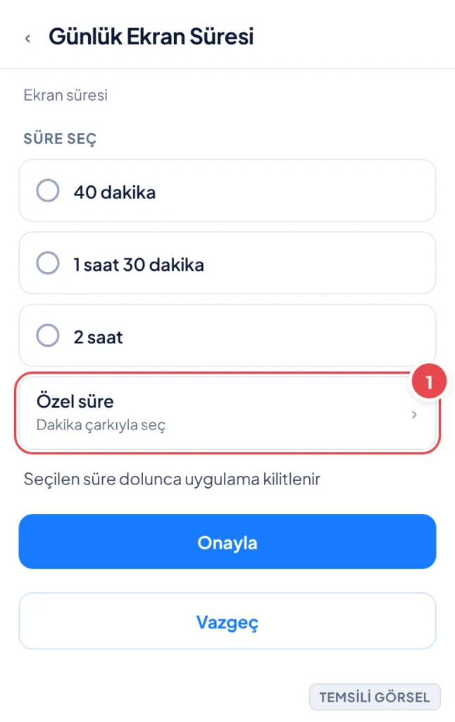 Temsili görsel: TikTok uygulamasında günlük ekran süresi sınırı ayarlama ekranı; önerilen süre seçenekleri (radyo düğmeleri) ve özel süre için dakika seçim çarkı satırı görünüyor, altta onay düğmesi v