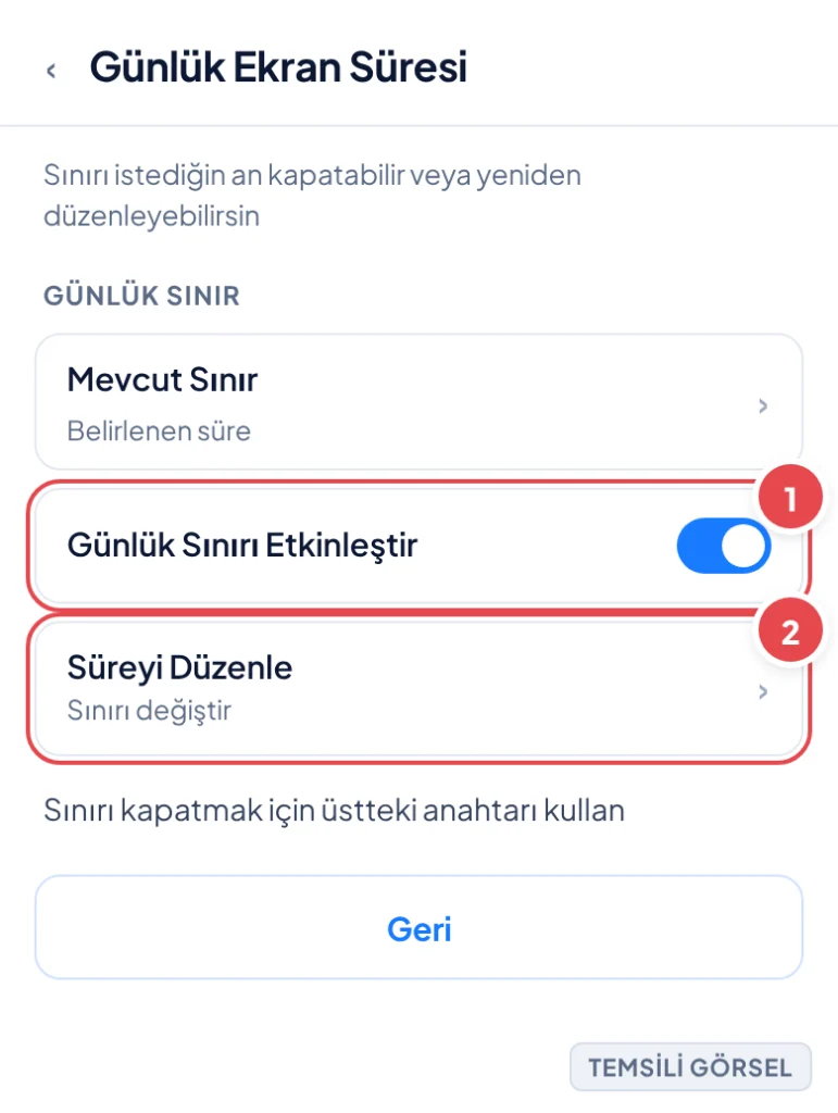 Temsili görsel: TikTok Günlük Ekran Süresi ayar ekranı; işaretli: 1. Günlük Sınırı Etkinleştir anahtarı, 2. Süreyi Düzenle satırı