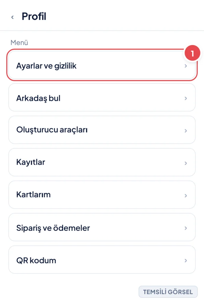 Temsili görsel: TikTok mobil uygulamasında açılan yan menü ekranı; işaretli: 1. Ayarlar ve gizlilik satırı