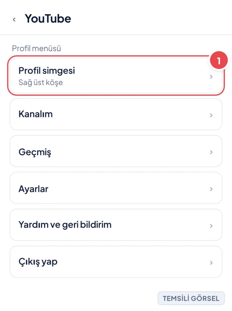 Temsili görsel: YouTube mobil uygulaması profil menüsü ekranı; sağ üst köşedeki profil simgesi ve altında açılan menüde Kanalım, Geçmiş, Ayarlar gibi seçenekler görünüyor; işaretli: 1. Profil simgesi