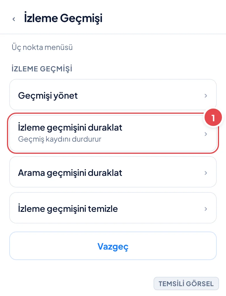 Temsili görsel: YouTube mobil uygulamasında İzleme Geçmişi ekranında açılan üç nokta menüsü; menüde Geçmişi yönet, İzleme geçmişini duraklat, Arama geçmişini duraklat ve İzleme geçmişini temizle seçen