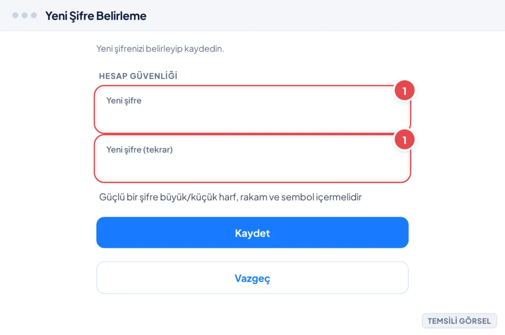 Temsili görsel: Google Hesap Kurtarma - Yeni Şifre Belirleme ekranı; başlıkta 'Hesap Güvenliği' yazısı, altında 'Yeni şifre' ve 'Yeni şifre (tekrar)' giriş kutuları, bir bilgilendirme metni, 'Kaydet'