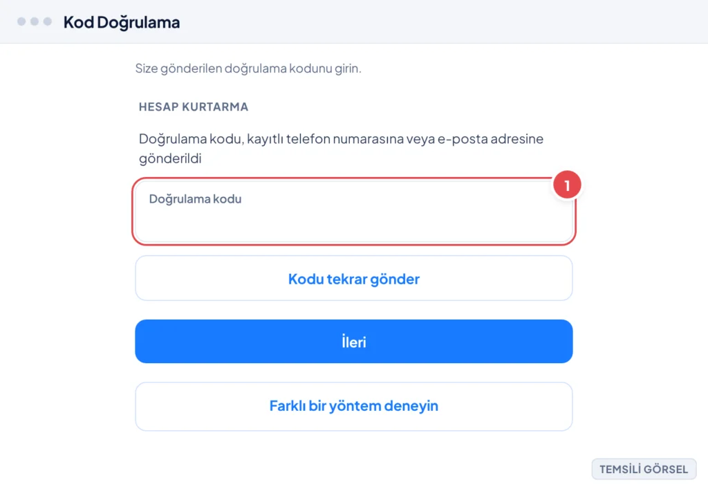 Temsili görsel: Google Hesap Kurtarma - Kod Doğrulama ekranı; kayıtlı telefon veya e-posta ile gönderilen doğrulama kodunun girilmesi gerektiğini belirten metin, kod giriş kutusu, 'Kodu tekrar gönder'