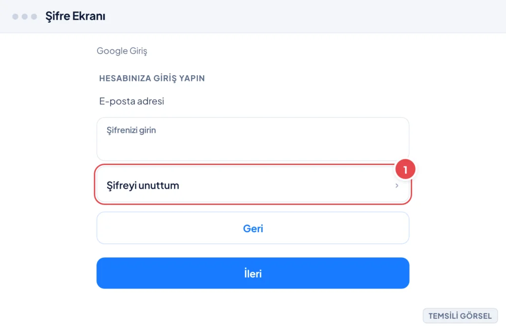 Temsili görsel: Google Giriş ekranı, şifre giriş kutusu ve altında 'Şifreyi unuttum' bağlantısı, alt kısımda 'Geri' ve 'İleri' düğmeleri; işaretli: 1. 'Şifreyi unuttum' bağlantısı