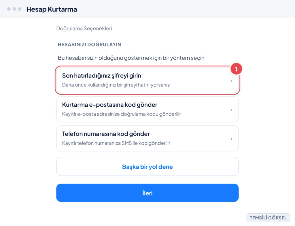 Temsili görsel: Google Hesap Kurtarma ekranında Doğrulama Seçenekleri listesi; başlıkta 'Hesabınızı Doğrulayın' yazısı, altında son şifreyi girme, kurtarma e-postasına kod gönderme ve telefon numarası