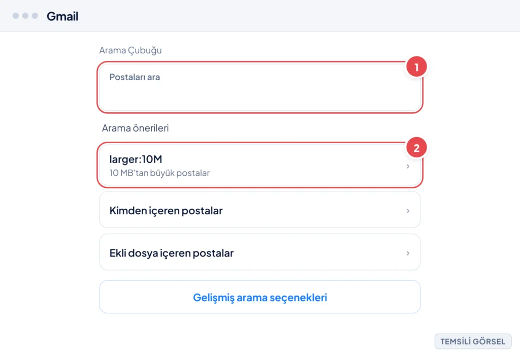 Temsili görsel: Gmail arama çubuğu ekranı; arama kutusuna larger:10M yazılmış, altında arama önerileri listesi görünüyor; işaretli: 1. Arama kutusu (larger:10M yazılı), 2. Arama önerisi satırı (larger
