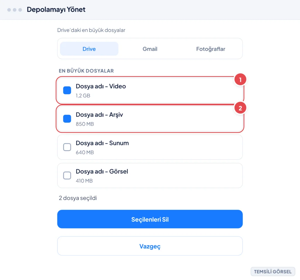 Temsili görsel: Google One Depolamayı Yönet ekranı, Drive sekmesi açık, en büyük dosyaların boyutlarıyla listelendiği ve birkaçının seçili olduğu görünüm; işaretli: 1. Dosya onay kutuları, 2. Seçilenl