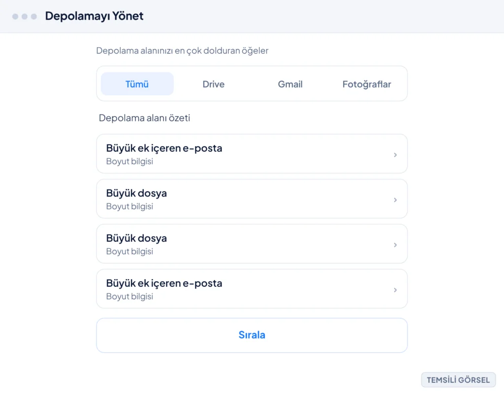 Temsili görsel: Google One Depolamayı Yönet ekranı; üstte hizmet filtre sekmeleri (Tümü, Drive, Gmail, Fotoğraflar), altında depolama alanını en çok dolduran büyük dosya ve e-postaların boyutlarıyla b