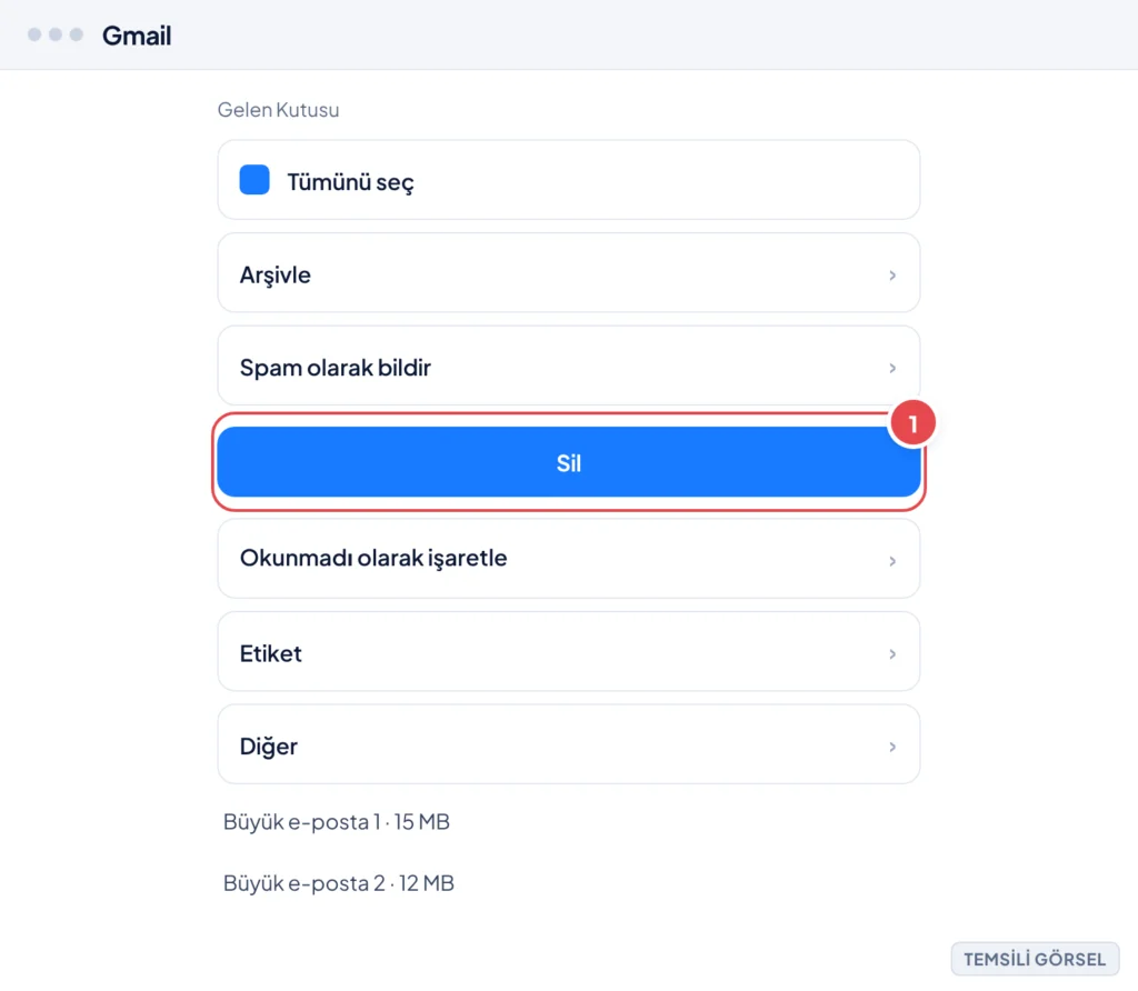 Temsili görsel: Gmail gelen kutusu ekranı, üstte seçili e-postalar ve araç çubuğunda çöp kutusu simgesi görünüyor; işaretli: 1. Sil (çöp kutusu simgesi) düğmesi.