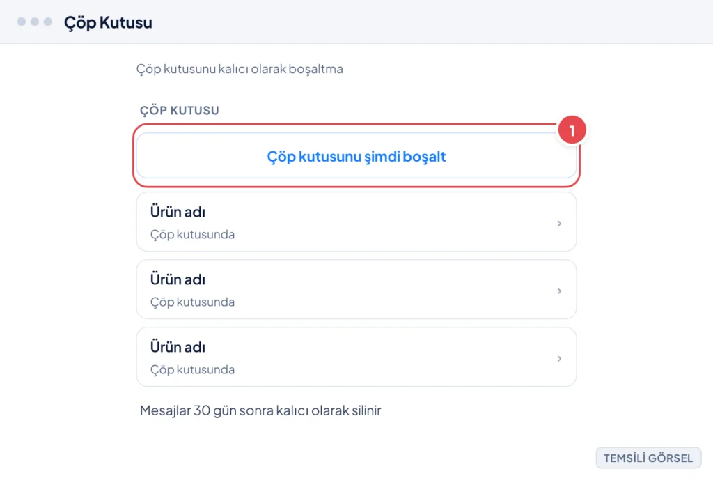 Temsili görsel: Gmail Çöp Kutusu ekranı, üstte 'Çöp kutusunu şimdi boşalt' bağlantısı ve altında birkaç e-posta satırı görünüyor; işaretli: 1. Çöp kutusunu şimdi boşalt bağlantısı