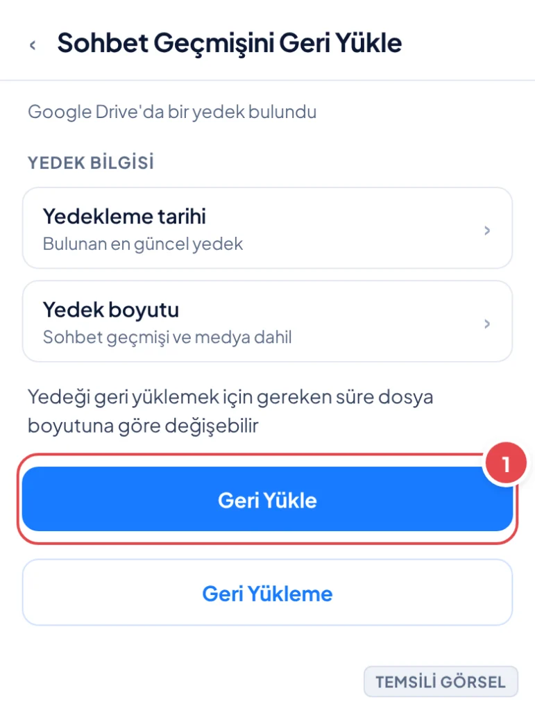 Temsili görsel: WhatsApp kurulum ekranında bulunan yedeğin tarihi ve boyutu gösteriliyor, altında Geri Yükle butonu yer alıyor; işaretli: 1. Geri Yükle butonu