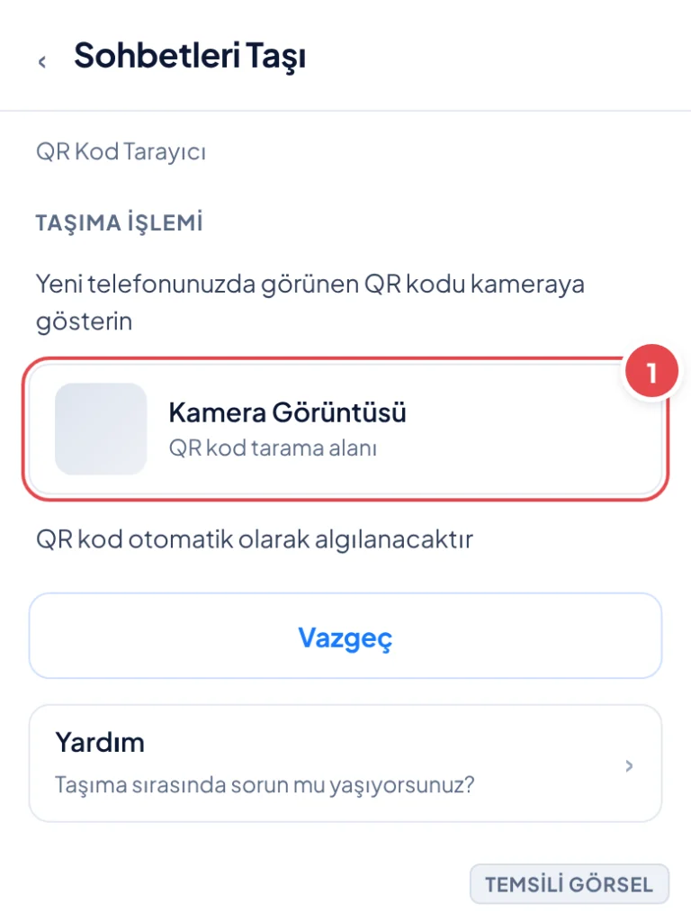 Temsili görsel: QR kod tarayıcı ekranı; kamera görüntüsü ortada büyük bir tarama alanı olarak gösterilir, üstte yönlendirme metni yer alır; işaretli: 1. Yönlendirme metni, 2. Kamera görüntüsü/tarama a