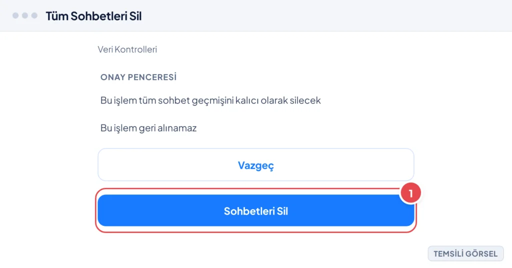 Temsili görsel: ChatGPT veri kontrolleri ayarlarında tüm sohbet geçmişini silme onay penceresi ekranı; işaretli: 1. Sohbetleri Sil düğmesi