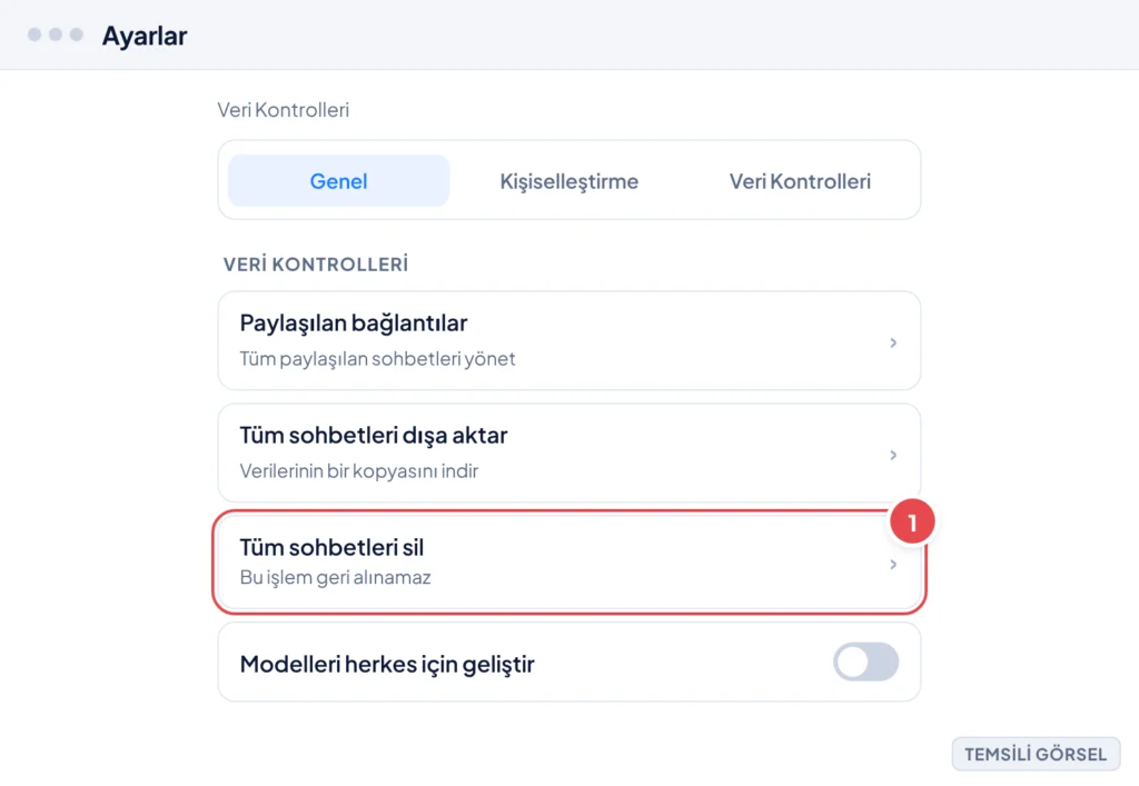 Temsili görsel: Ayarlar penceresinde Veri Kontrolleri sekmesi seçili, sayfada Tüm sohbetleri sil seçeneği listeleniyor; işaretli: 1. Tüm sohbetleri sil satırı