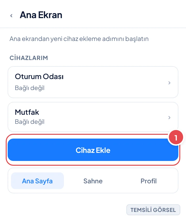 Temsili görsel: Üretici uygulaması ana ekranı; cihaz listesi ve sağ üstte Cihaz Ekle butonu görünüyor; işaretli: 1. Cihaz Ekle butonu