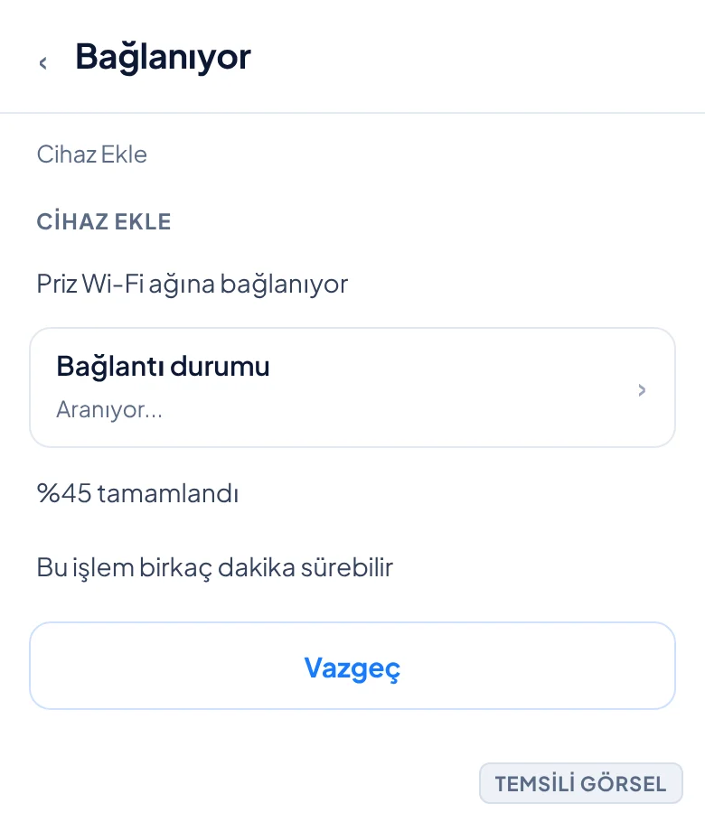 Temsili görsel: Akıllı priz kurulum uygulamasında bağlanma bekleme ekranı; ortada ilerleme çubuğu ve yüzde göstergesi, altında durum metni ve iptal seçeneği bulunuyor; işaretli öğe yok, bu ekran yalnı