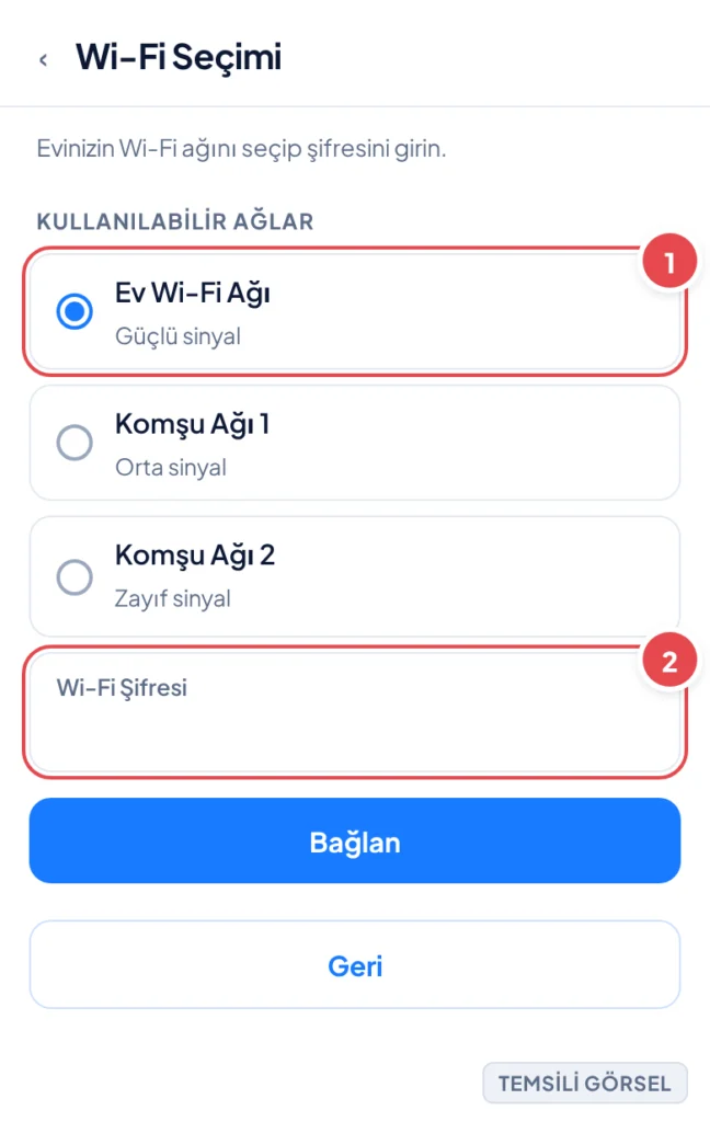 Temsili görsel: Wi-Fi ağı seçim ekranı; liste halinde ağ adları ve altında şifre giriş alanı, alt kısımda bağlan düğmesi görünüyor; işaretli: 1. Ev Wi-Fi Ağı seçeneği, 2. Wi-Fi Şifresi giriş alanı.