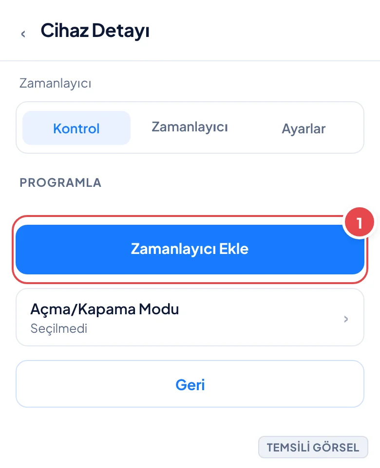 Temsili görsel: Üretici uygulamasında Cihaz Detayı sayfasında üstte sekmeler (Kontrol, Zamanlayıcı, Ayarlar) ve altında Programla başlığı, boş zamanlayıcı listesi ile Zamanlayıcı Ekle butonu bulunan t