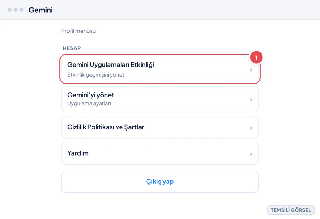 Temsili görsel: Gemini web ekranı, sağ üstteki profil simgesine tıklanmış ve açılır menü görünür durumda; menüde hesap ile ilgili satırlar listeleniyor. İşaretli: 1. Gemini Uygulamaları Etkinliği satı