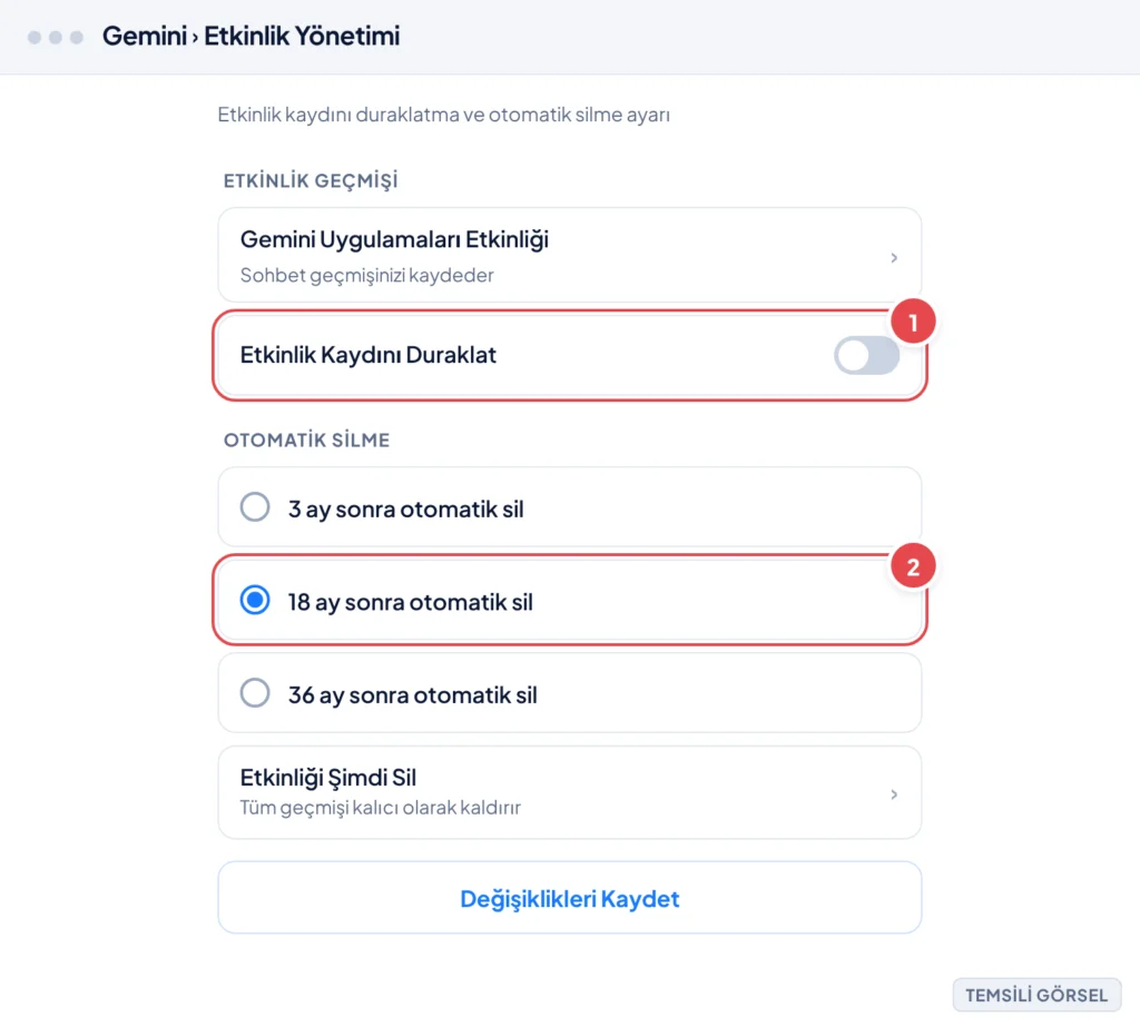 Temsili görsel: Gemini Etkinlik Yönetimi ekranı; üstte Etkinlik Geçmişi başlığı altında Gemini Uygulamaları Etkinliği satırı ve Etkinlik Kaydını Duraklat anahtarı, altında Otomatik Silme başlığı altın