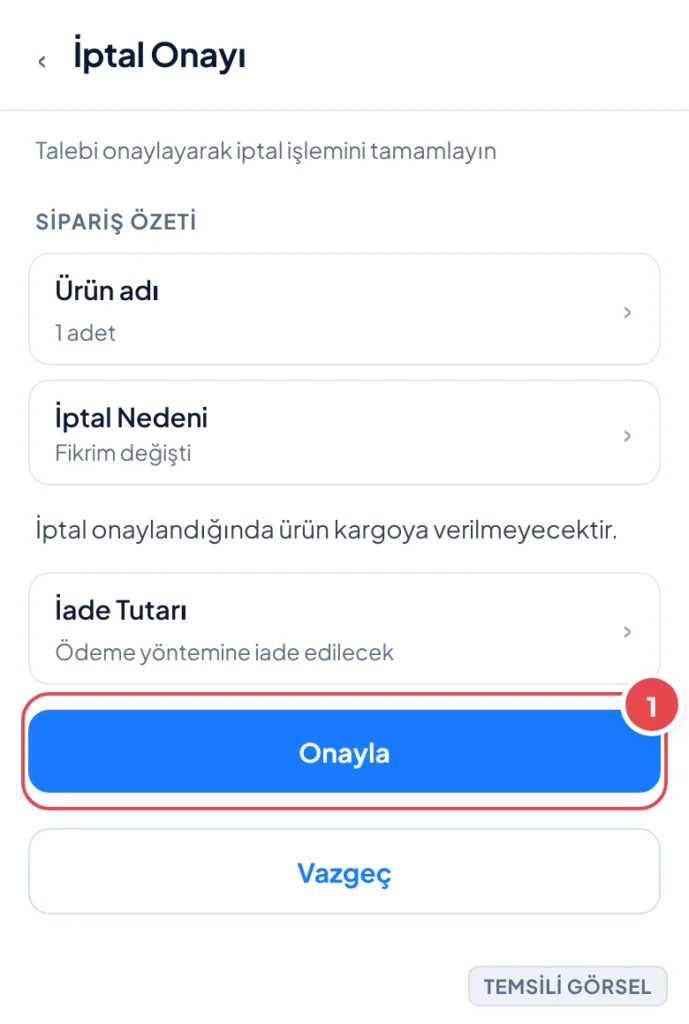 Temsili görsel: Sipariş İptal Onayı ekranı; sipariş özeti, iptal nedeni ve iade tutarı bilgisi gösteriliyor, alt kısımda Onayla ve Vazgeç düğmeleri yer alıyor; işaretli: 1. Onayla düğmesi
