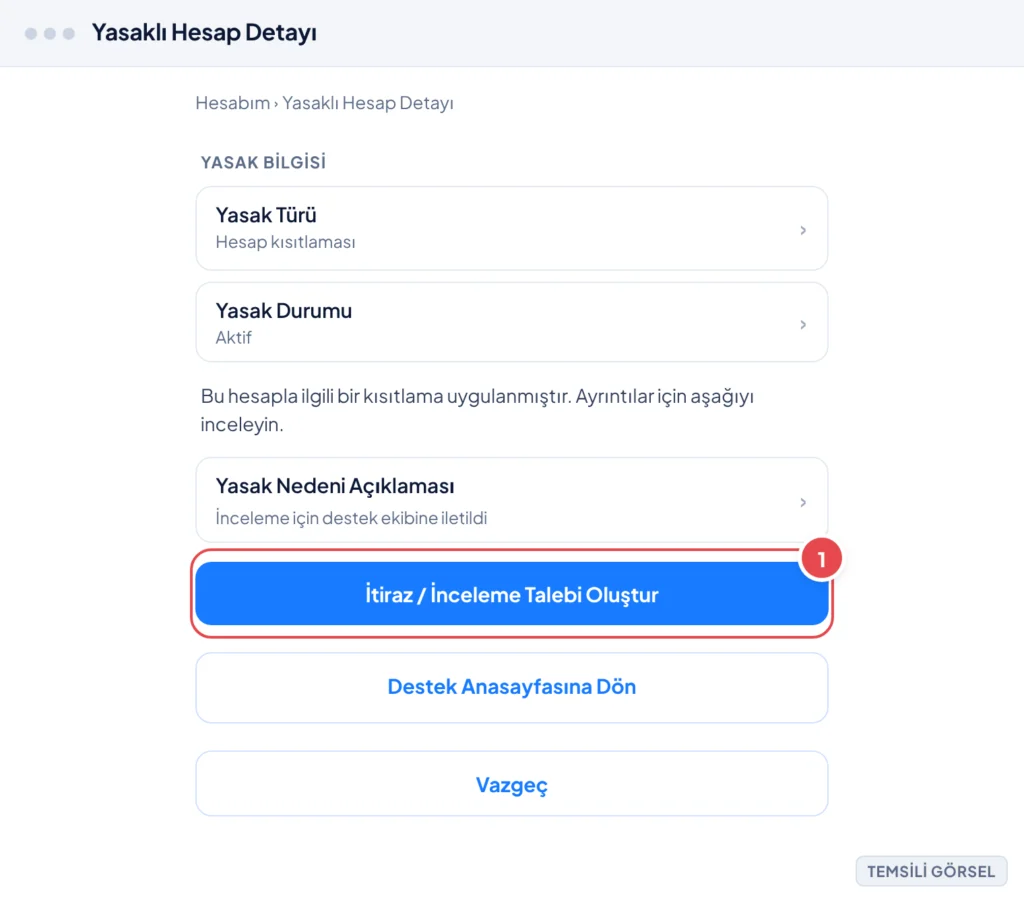 Temsili görsel: Steam Destek sitesinde Yasaklı Hesap Detayı ekranı; yasak bilgisi ve açıklama satırları listelenmiş, altta öne çıkan 'İtiraz / İnceleme Talebi Oluştur' düğmesi ve ikincil 'Destek Anasa