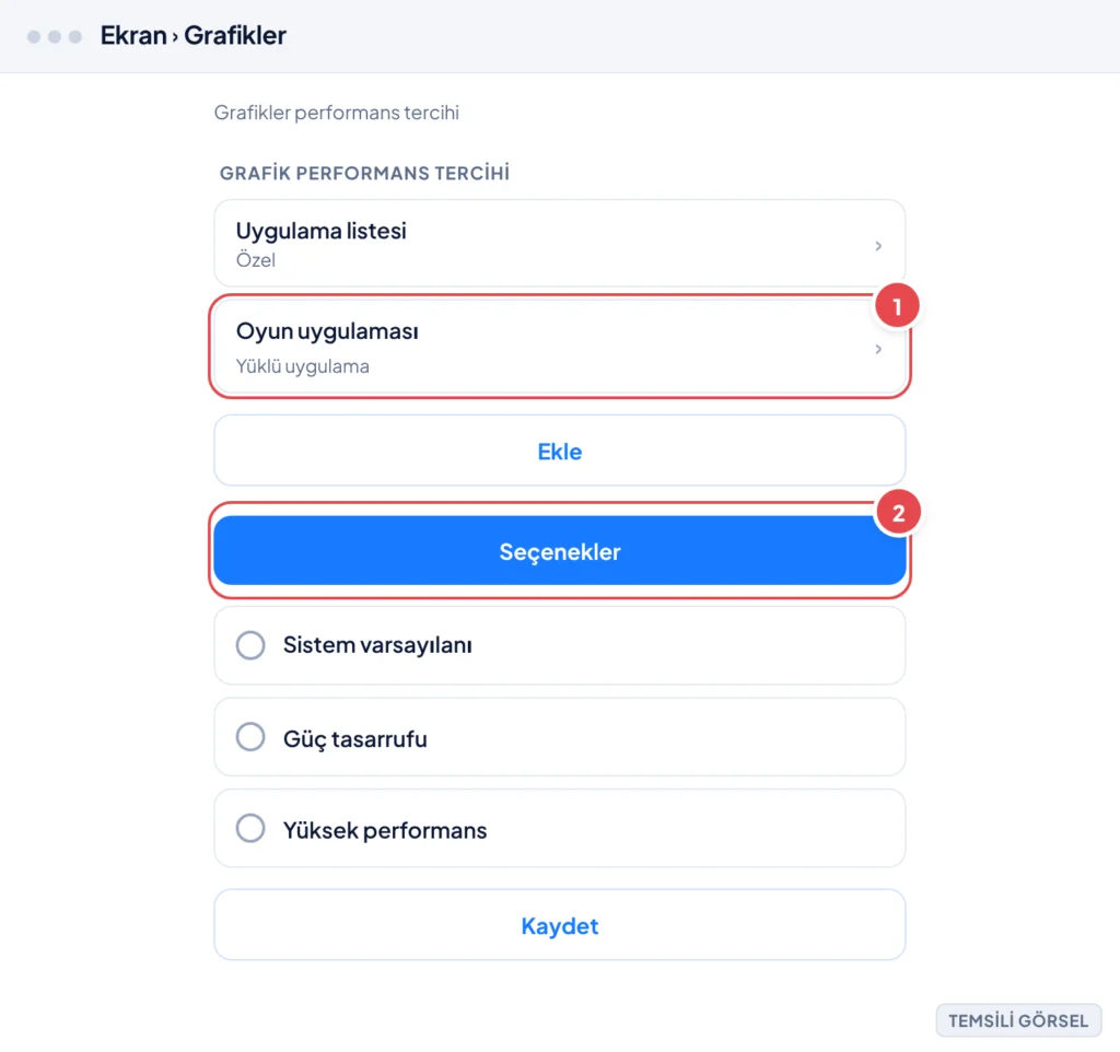 Temsili görsel: Windows 11 Ayarlar, Sistem, Ekran, Grafikler ekranı; uygulama listesinde bir oyun uygulaması seçili, altında Seçenekler düğmesi ve güç tasarrufu/yüksek performans radyo seçenekleri gör