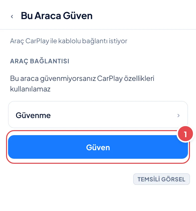 Temsili görsel: iPhone ekranında 'Bu Araca Güven' başlıklı onay penceresi; açıklama metni ve iki seçenek; işaretli: 1. Güven düğmesi
