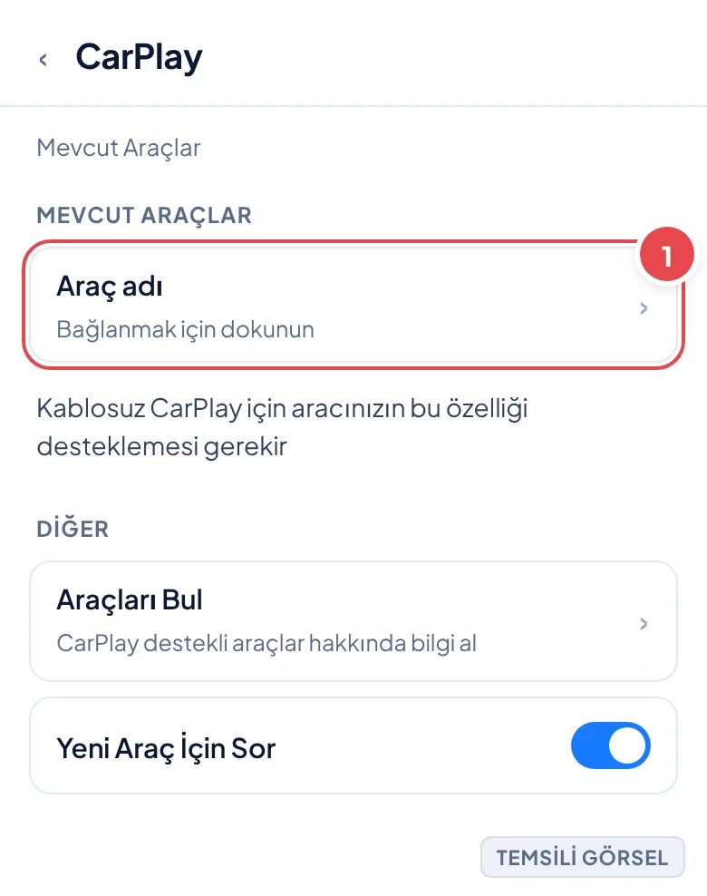 Temsili görsel: iPhone Ayarlar uygulamasında Genel > CarPlay ekranı; Mevcut Araçlar başlıklı bölüm ve altında bir araç adı satırı görünüyor; işaretli: 1. Mevcut Araçlar listesindeki araç adı satırı