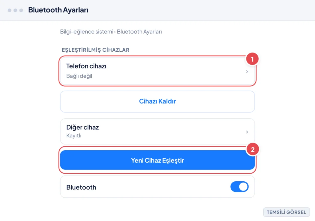 Temsili görsel: Araç bilgi-eğlence sisteminde Bluetooth Ayarları ekranı; eşleştirilmiş cihazlar listesi ve yeni eşleştirme düğmesi görünüyor. İşaretli: 1. Telefon cihazı satırı, 2. Yeni Cihaz Eşleştir