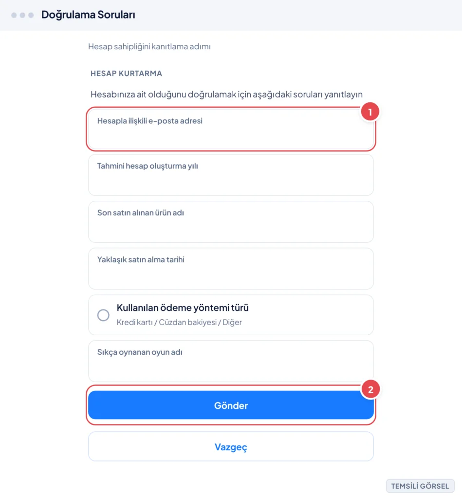 Temsili görsel: Steam Destek web sitesinde hesap kurtarma sürecine ait doğrulama soruları ekranı; başlıkta 'Hesap Kurtarma', alt kısımda hesap sahipliğini doğrulamaya yönelik e-posta adresi, hesap olu