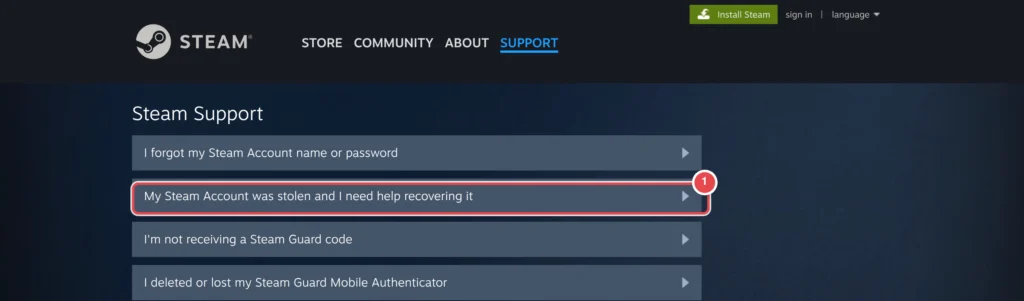 Steam destek ana ekranında giriş sorunlarıyla ilgili seçenekler listeleniyor; işaretli: 1. 'My Steam Account was stolen and I need help recovering it' seçeneği