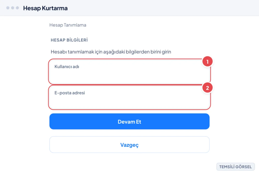 Temsili görsel: Steam Destek web sitesinde Hesap Kurtarma > Hesap Tanımlama ekranı; kullanıcı adı ve e-posta giriş alanları boş şekilde görünüyor, altında Devam Et ve Vazgeç düğmeleri var; işaretli: 1