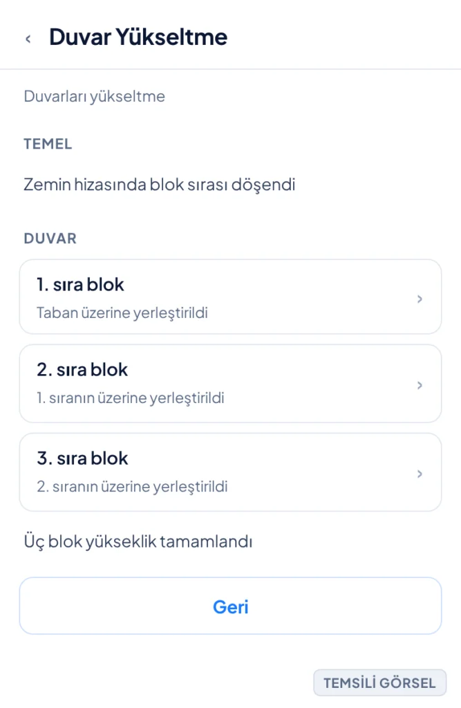 Temsili görsel: Minecraft oyun içi ekranı; üç blok yüksekliğinde, boşluksuz tamamlanmış bir duvar görünüyor; işaretli: 1. 1. sıra blok, 2. 2. sıra blok, 3. 3. sıra blok