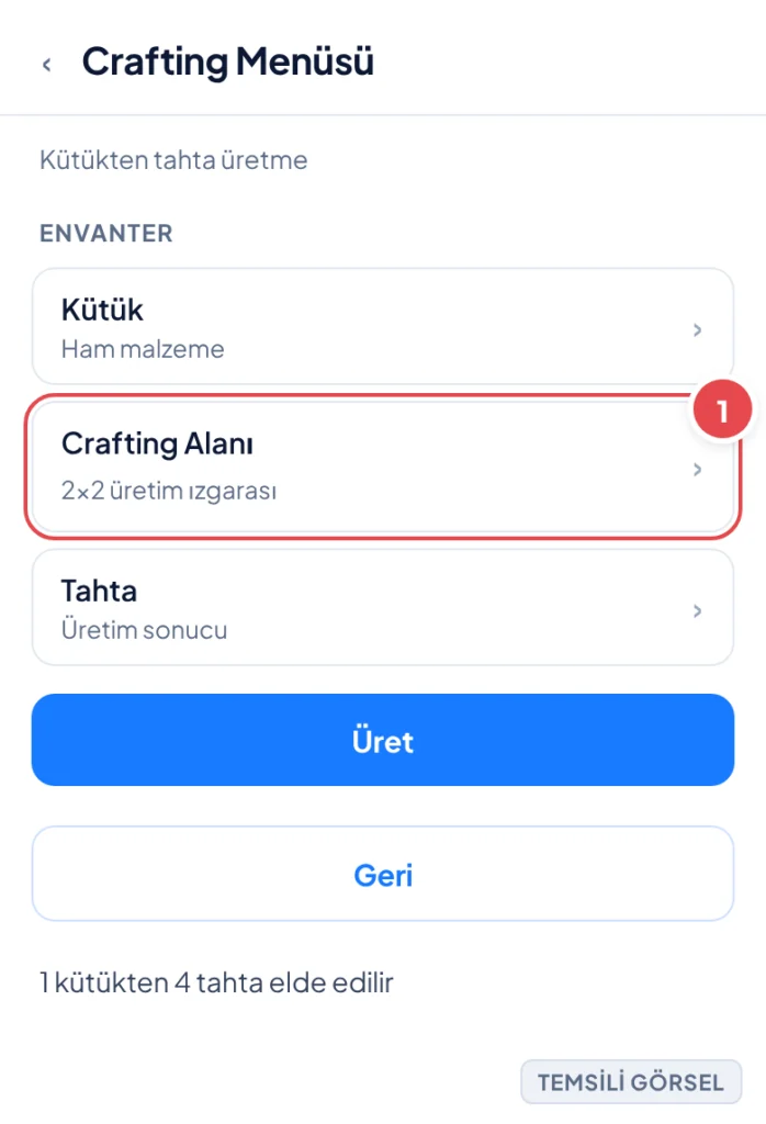 Temsili görsel: Minecraft crafting menüsü ekranı; envanterde kütük öğesi, ortada 2x2 crafting ızgarası ve sonuç olarak tahta görünüyor, alt kısımda üret ve geri düğmeleri bulunuyor; işaretli: 1. Kütük
