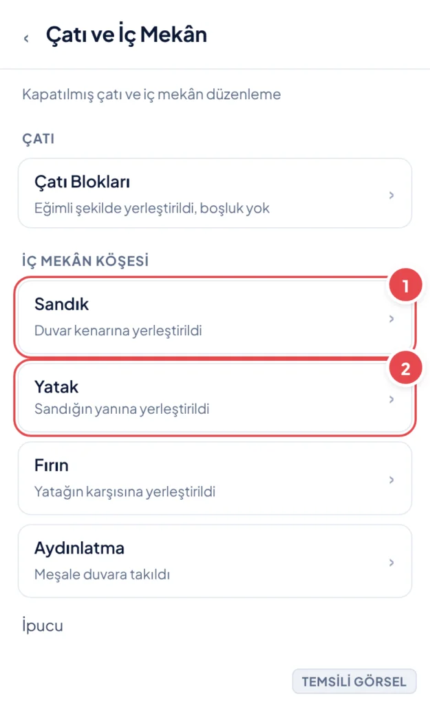 Temsili görsel: Minecraft oyun içi ekranı, kapatılmış bir çatıya sahip küçük bir ev ve iç mekânda sandık, yatak ve fırının yerleştirildiği köşe çerçeve içinde gösteriliyor; işaretli: 1. Sandık, 2. Yat