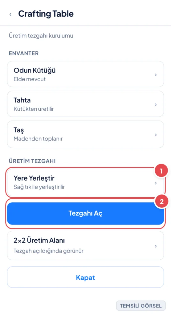 Temsili görsel: Minecraft oyun içi ekranı, önde yere yerleştirilmiş bir üretim tezgahı ve açık tezgah arayüzü, arka planda çim blokları ve envanter çubuğu; işaretli: 1. Yere Yerleştir satırı, 2. Tezga