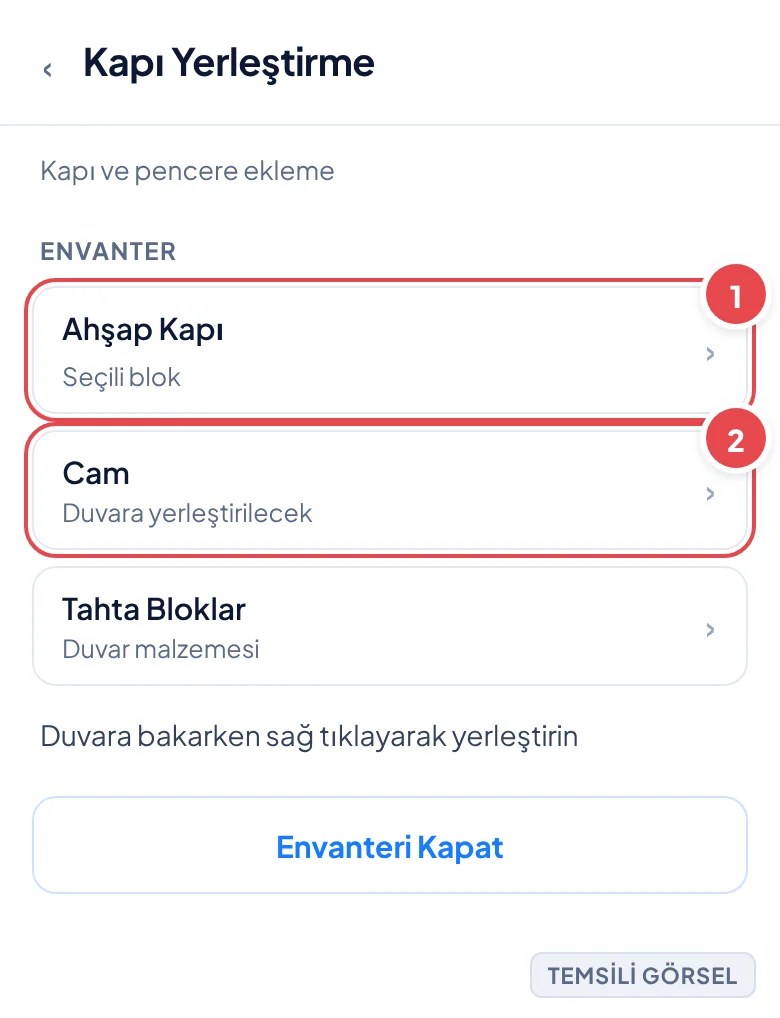 Temsili görsel: Minecraft oyun içi ekranı, taş ve tahta bloklardan yapılmış bir evin duvarına ahşap kapı yerleştirilmiş, yanında cam pencere bulunuyor, alt kısımda envanter çubuğunda kapı ve cam blokl