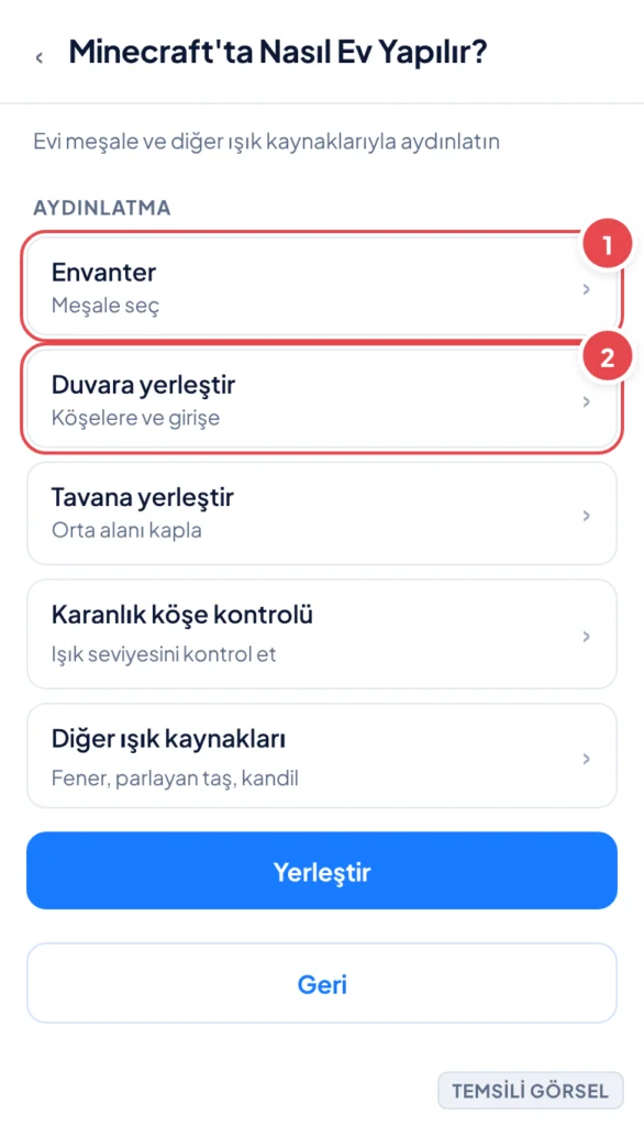 Temsili görsel: Minecraft oyun içi aydınlatma ekranı; duvarlara ve tavana yerleştirilmiş meşalelerin iç mekânı aydınlattığı, karanlık köşe kalmayan bir ev sahnesi gösterilir. İşaretli: 1. Envanter'den