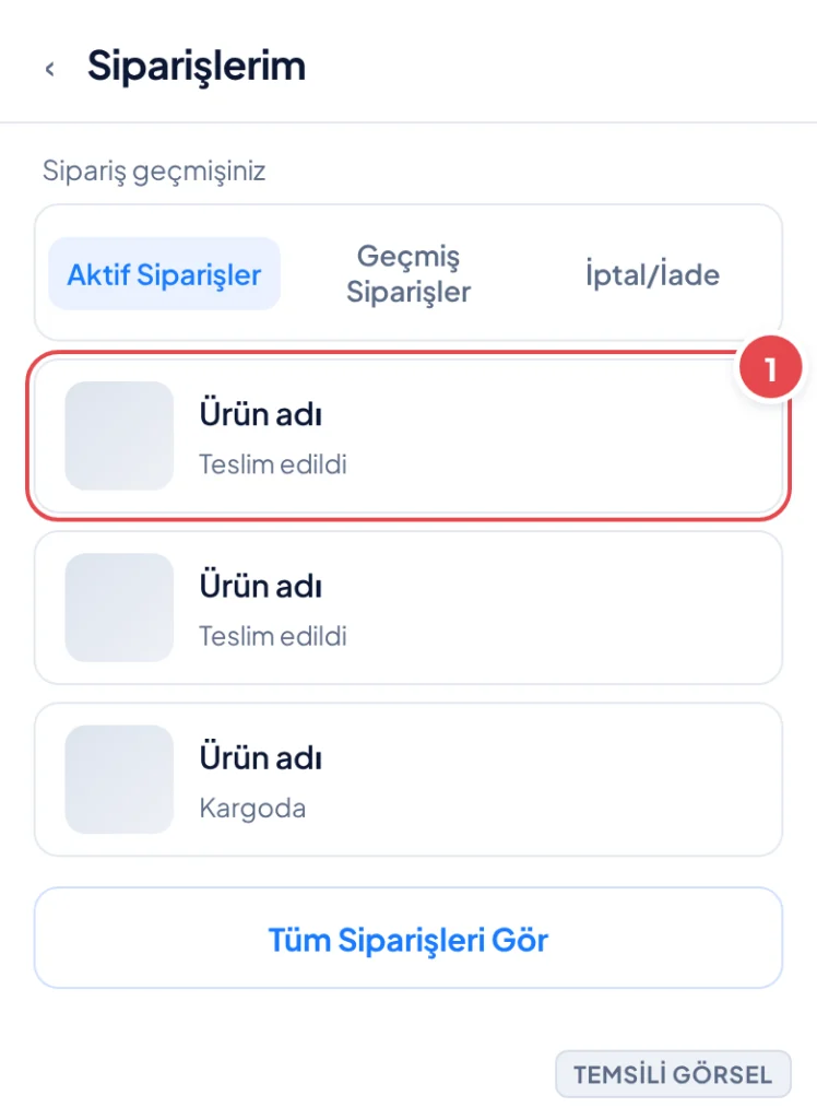 Temsili görsel: Siparişlerim ekranı; üst kısımda sekmeler ve alt tarafta sipariş kutucukları listelenmiş; işaretli: 1. İade edilecek ürünün bulunduğu sipariş kutucuğu
