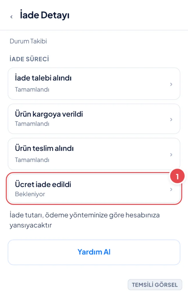 Temsili görsel: İade Detayı - Durum Takibi ekranı; aşamaları sıralı gösteren bir liste (talep alındı, kargoya verildi, teslim alındı, ücret iade edildi) ve altta bilgilendirme metni ile Yardım Al düğm