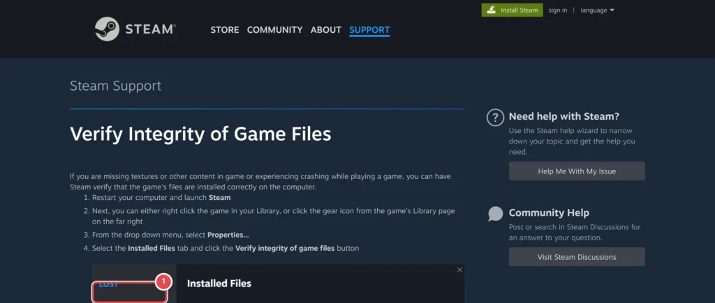 Steam Support sayfasında 'Verify Integrity of Game Files' başlıklı destek makalesi gösteriliyor; altında adım adım talimatlar ve Yerel Dosyalar panelinde kırmızı kutuyla vurgulanmış 'Verify integrity