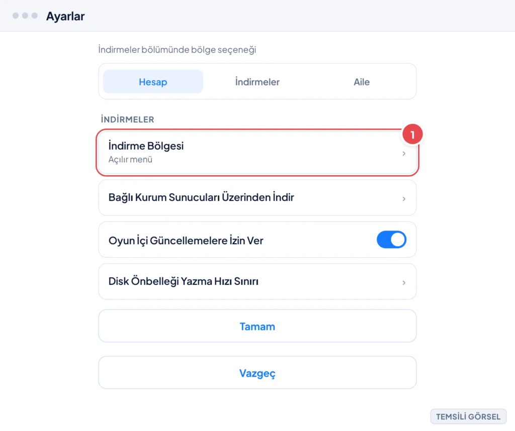 Temsili görsel: Steam Ayarlar penceresi, İndirmeler sekmesi açık; işaretli: 1. İndirmeler sekmesi, 2. İndirme Bölgesi açılır menüsü