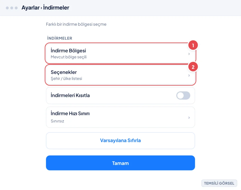 Temsili görsel: Steam Ayarlar > İndirmeler ekranı; bölge seçimi açılır menüsü ve şehir/ülke listesi görünüyor; işaretli: 1. İndirme Bölgesi açılır menüsü, 2. Seçenekler listesi