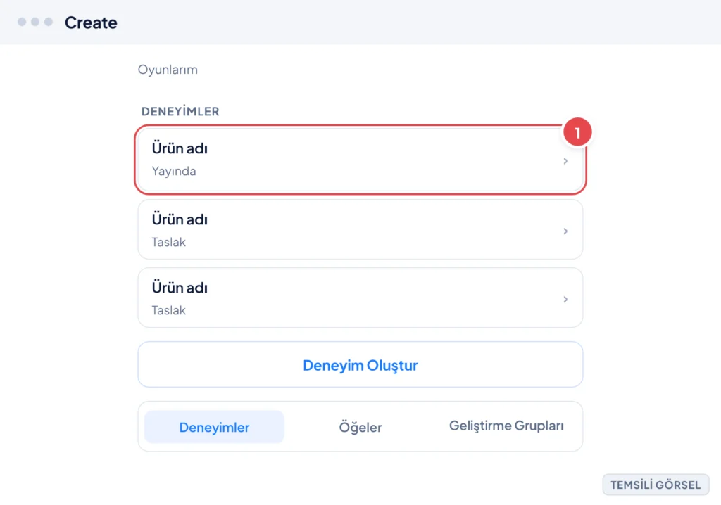 Temsili görsel: Roblox web sitesinde Create sayfasının Oyunlarım listesi ekranı; işaretli: 1. Yayında durumu görünen yeni oyun satırı