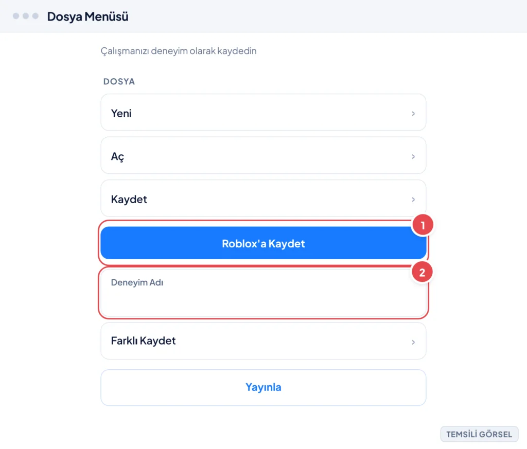 Temsili görsel: Roblox Studio uygulamasında açık Dosya menüsü ekranı; menüde Yeni, Aç, Kaydet, Roblox'a Kaydet, Farklı Kaydet ve Yayınla seçenekleri listeleniyor, Roblox'a Kaydet seçeneğinin altında d
