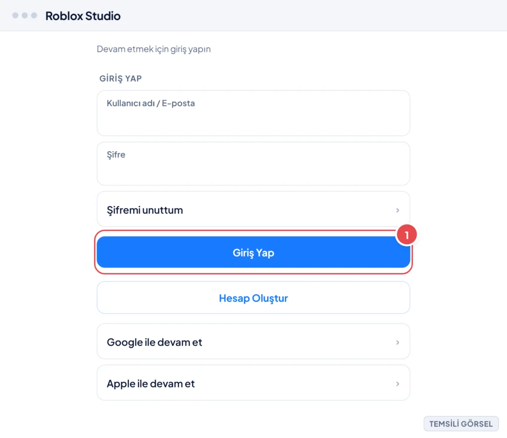 Temsili görsel: Roblox Studio giriş ekranı; kullanıcı adı ve şifre giriş kutuları, şifremi unuttum bağlantısı, Giriş Yap ana düğmesi, Hesap Oluştur ikincil düğmesi ve alternatif giriş seçenekleri göst