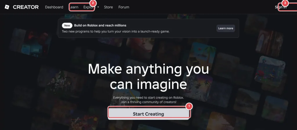 Roblox Creator ana sayfası: üst menüde Dashboard, Learn, Explore, Store, Forum sekmeleri ve sağ üstte Sign in var; ortada 'Make anything you can imagine' başlığı ve Start Creating butonu bulunuyor; iş